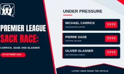Premier League sack race featuring Michael Carrick, Pierre Sage and Oliver Glasner, with question marks hiding their odds.