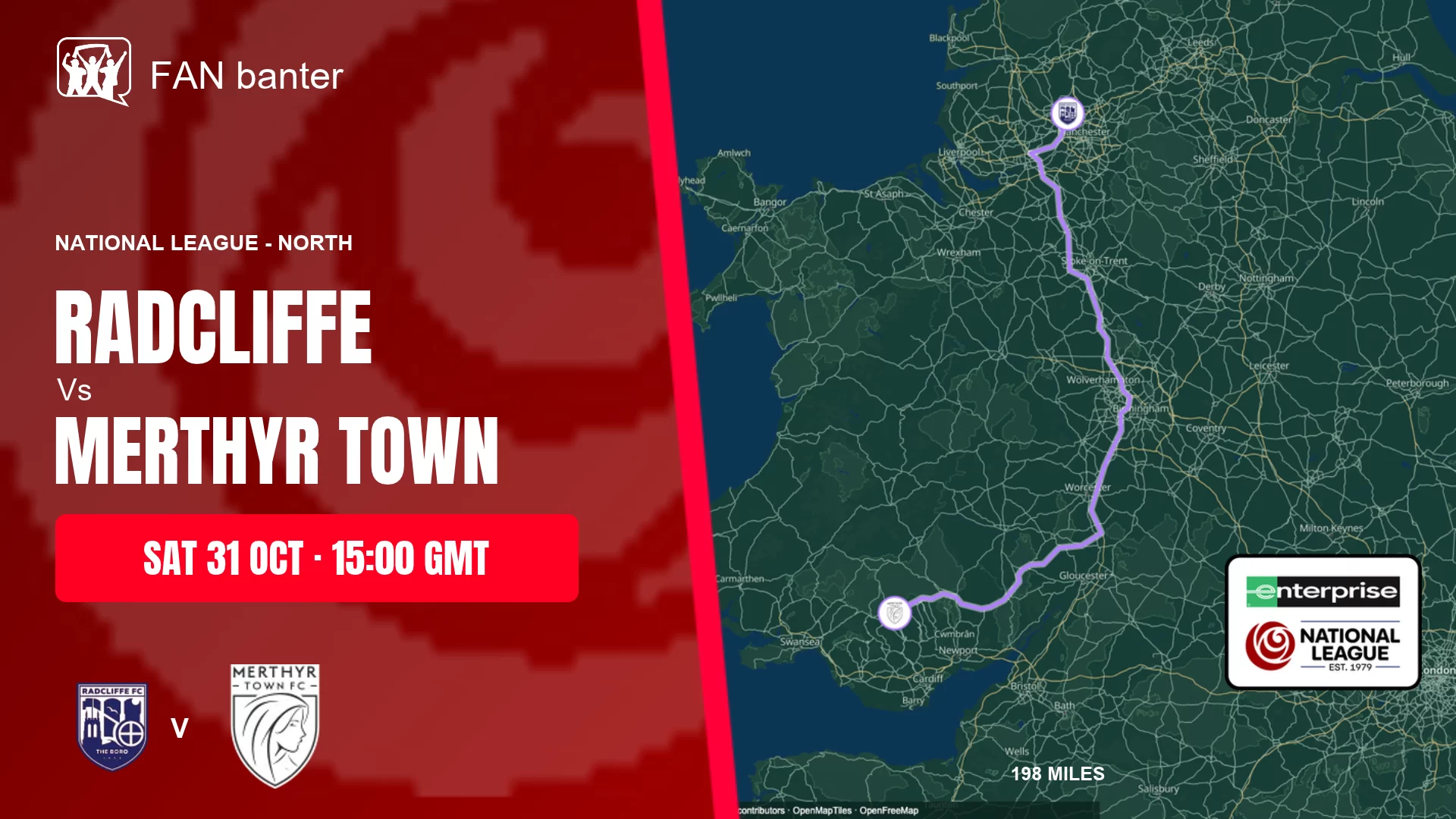 Radcliffe Vs Merthyr Town match preview and away-fan journey map