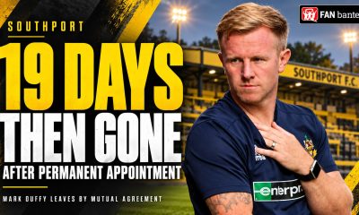 Mark Duffy pictured with Southport imagery and the headline 19 days then gone after permanent appointment