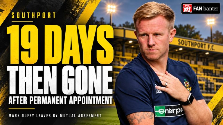 Mark Duffy pictured with Southport imagery and the headline 19 days then gone after permanent appointment