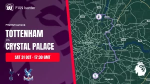 Tottenham Vs Crystal Palace Premier League preview, with both club crests and the 25-mile road route from Selhurst Park to Tottenham Hotspur Stadium.