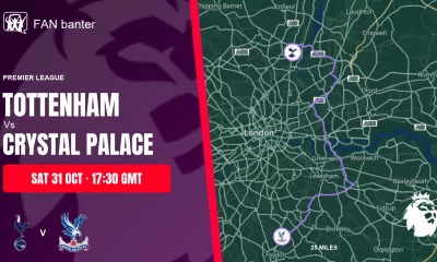 Tottenham Vs Crystal Palace Premier League preview, with both club crests and the 25-mile road route from Selhurst Park to Tottenham Hotspur Stadium.