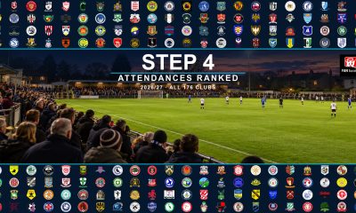 Step 4 attendances ranked for 2026/27, with all 176 club crests around an illustrated non-league ground under floodlights