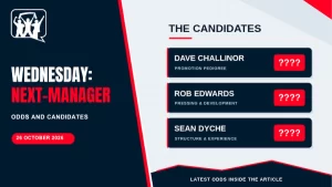 Next Sheffield Wednesday manager candidates Dave Challinor, Rob Edwards and Sean Dyche, with question marks hiding their odds.