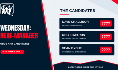Next Sheffield Wednesday manager candidates Dave Challinor, Rob Edwards and Sean Dyche, with question marks hiding their odds.